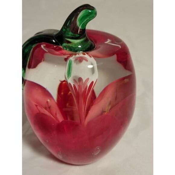 Joe Rice Art Glass Paperweight Red Apple Windowed Clear Glass w/ red floral NICE - Picture 12 of 16